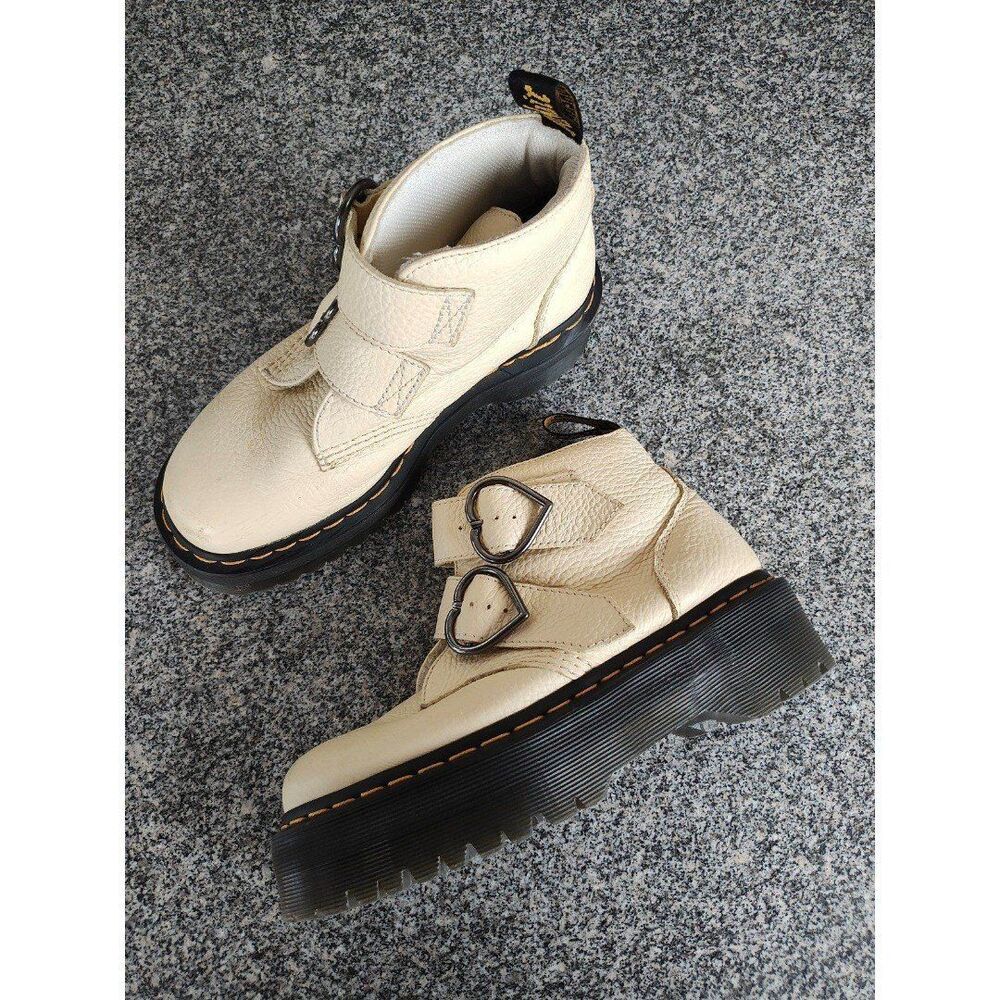 Dr. Martens Devon Heart Buckle Platform Boots Toile Cream Leather Booties